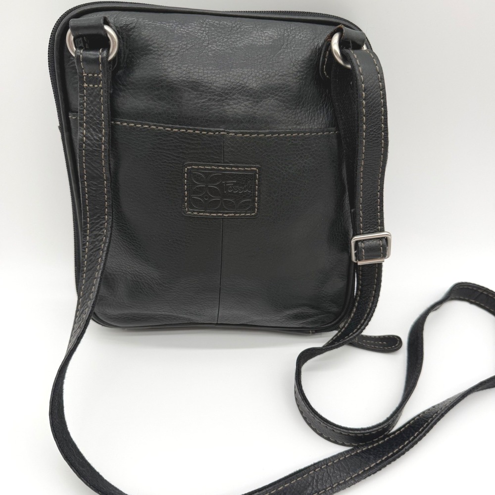 Fossil Black Pebbled Leather Crossbody Organizer Bag ZB2840 Contrast Stitching‎